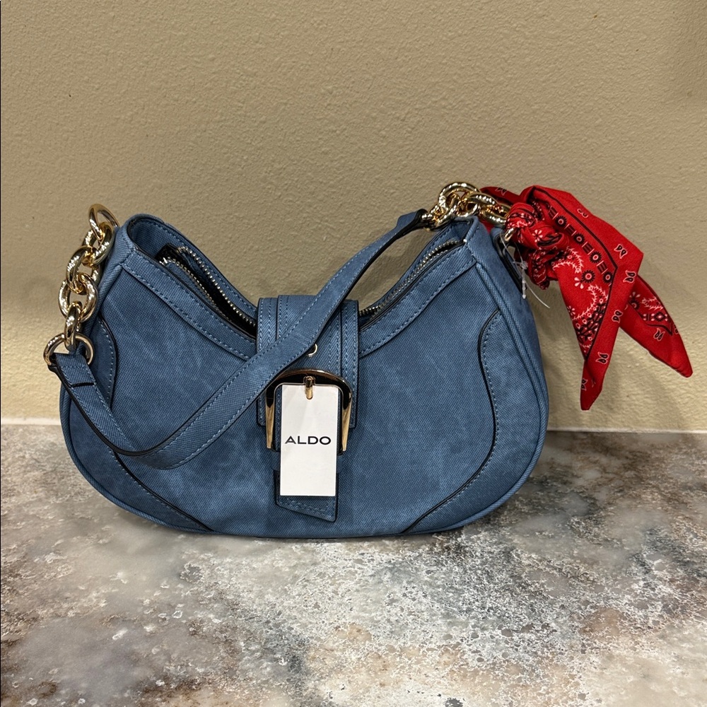 Aldo Blue Shoulder Bag with Red Scarf Accent